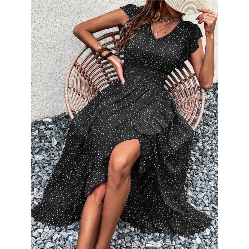 Black Polka Dot Print Butterfly Sleeve Shirred Ruffle Trimmed hem maxi Dress - Picture 2 of 6